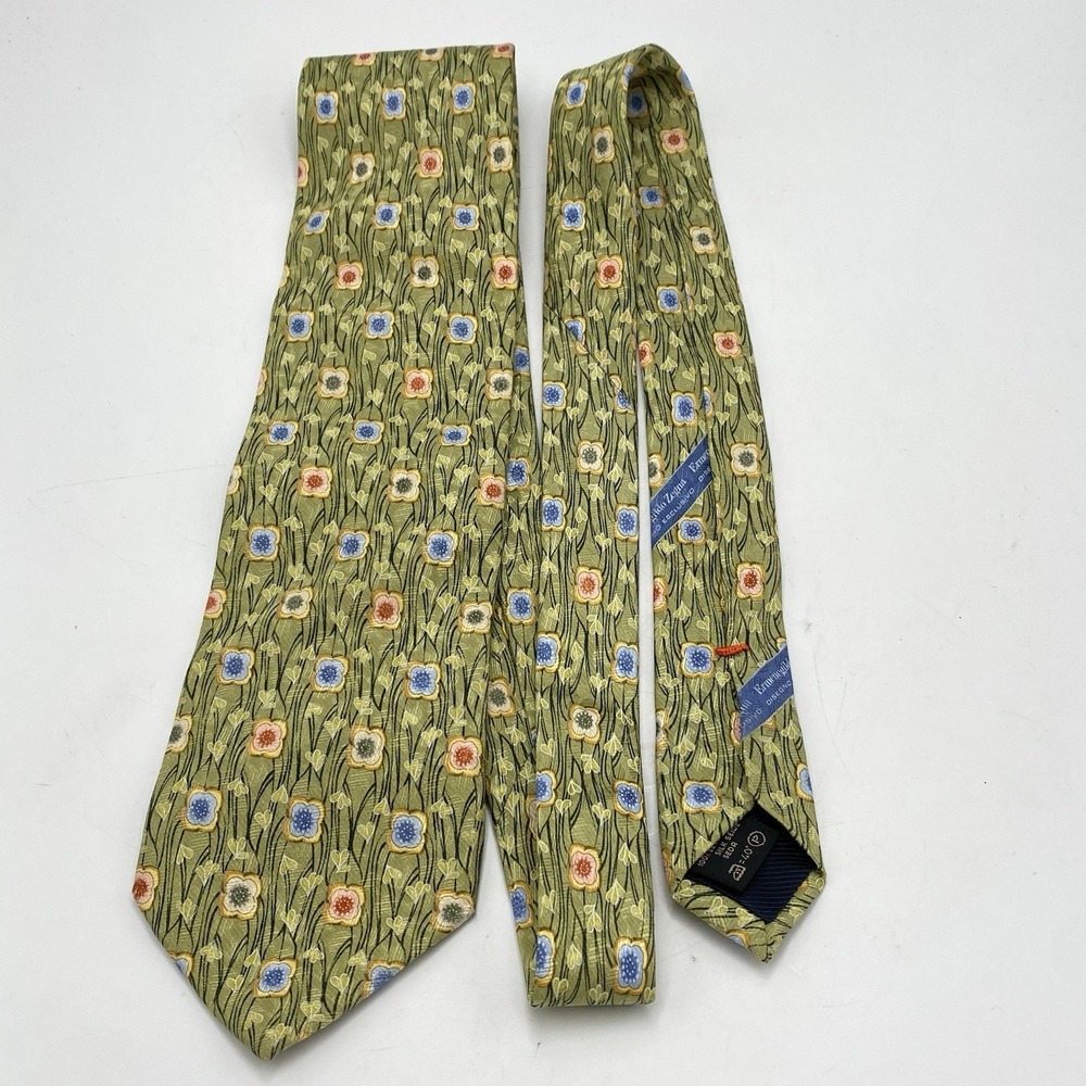 Ermenegildo Zegna Mens Woven 100% Silk Neck Tie‎ Green Multicolor Floral